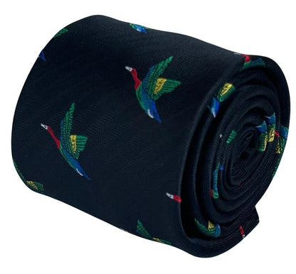 Black Tie With Rainbow-Coloured Egyptian Goose Macaw Bird - Handmade Statement Piece For The Luxury Professional by Frederick Thomas Handmade Mens Ties