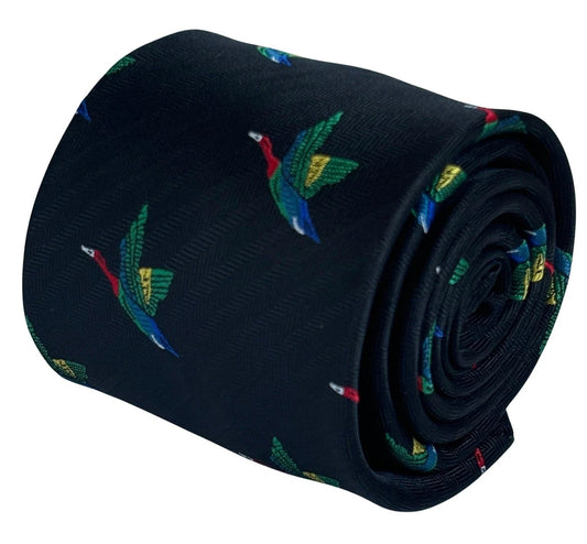 Black Tie With Rainbow-Coloured Egyptian Goose Macaw Bird - Handmade Statement Piece For The Luxury Professional by Frederick Thomas Handmade Mens Ties