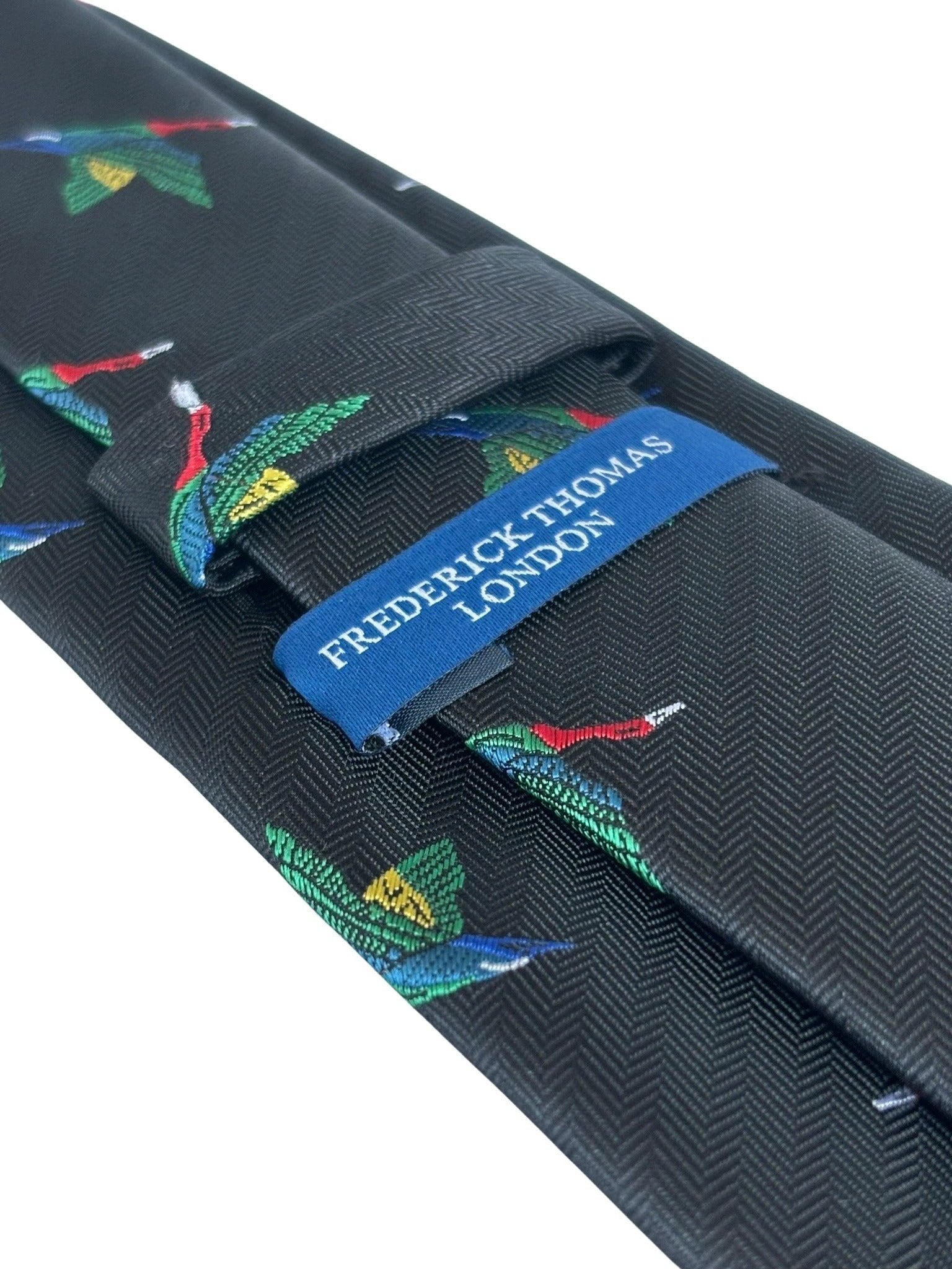 Black Tie With Rainbow-Coloured Egyptian Goose Macaw Bird - Handmade Statement Piece For The Luxury Professional by Frederick Thomas Handmade Mens Ties