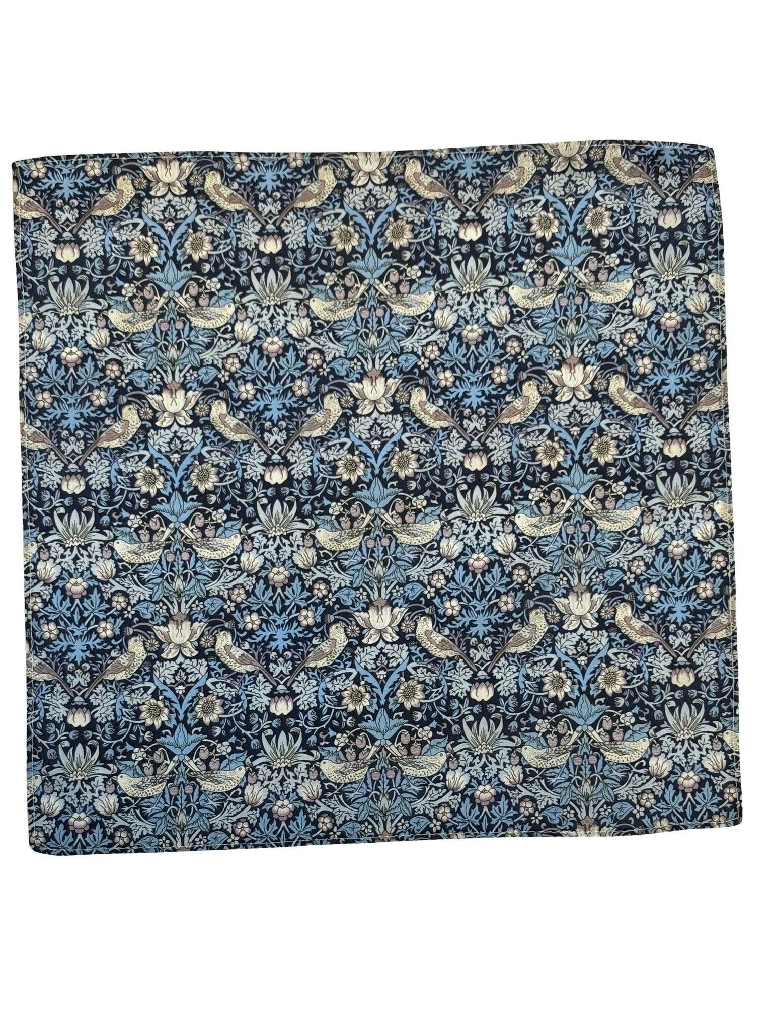 William Morris Liberty Style Blue Strawberry Thief English Garden Wildflower Design Pocket Square - Handmade Pure Cotton by Frederick Thomas Handmade Mens Ties
