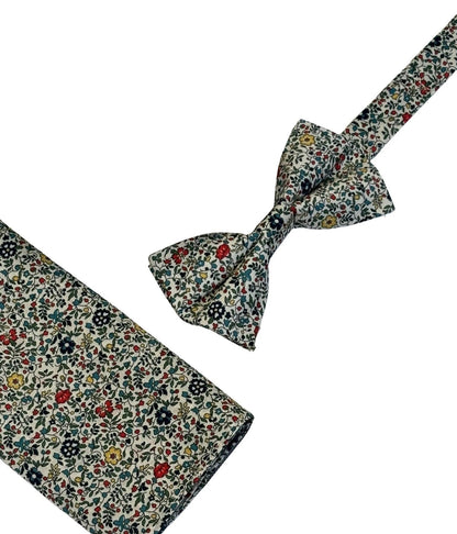 Liberty Style Ditsy Floral English Wildflower Bow Tie And Pocket Square Handcrafted Premium Cotton Set For Formalwear by Frederick Thomas Handmade Mens Ties