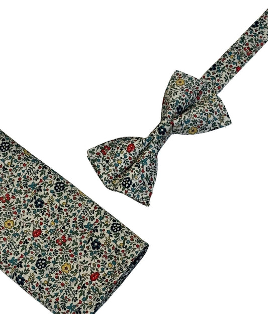 Liberty Style Ditsy Floral English Wildflower Bow Tie And Pocket Square Handcrafted Premium Cotton Set For Formalwear by Frederick Thomas Handmade Mens Ties