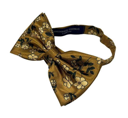 Gold Mustard Adult Bow Tie With Floral Design - Elegant Floral Detailing For A Timeless Professional Look by Frederick Thomas Handmade Mens Ties