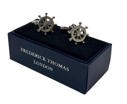 Nautical silver coloured ship wheel nautical cufflinks by Frederick Thomas Handmade Mens Ties
