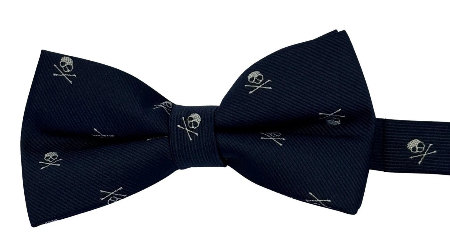 Navy Bow Tie With White And Blue Skull And Crossbone Design - Bold Timeless Tailoring Meets Contemporary Motif by Frederick Thomas Handmade Mens Ties
