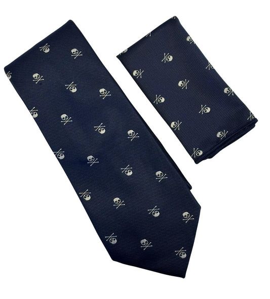 Matching Navy Tie and Pocket Square with White Skull and Crossbone Design - Contemporary Edge for Modern Professionals by Frederick Thomas Handmade Mens Ties