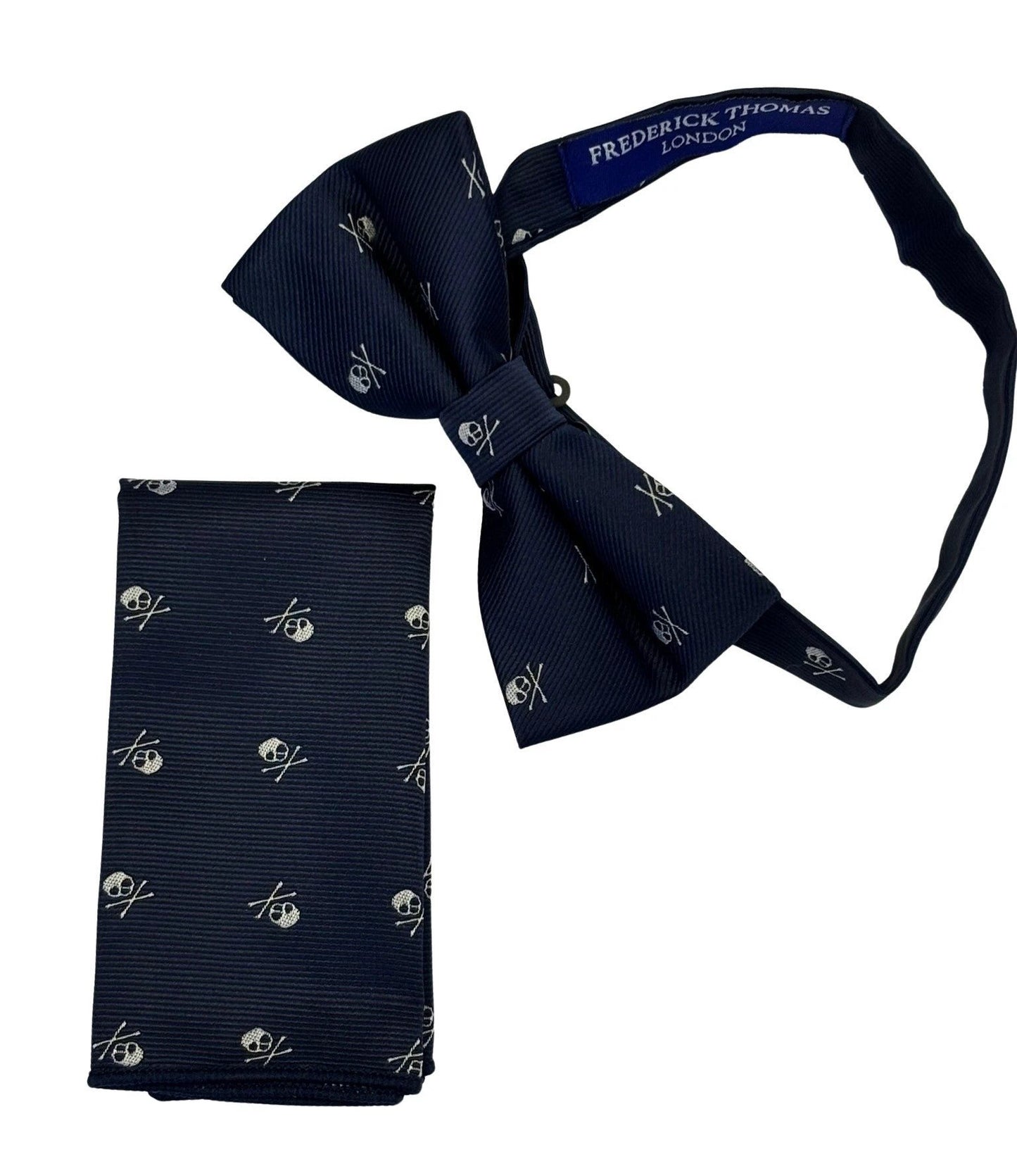Matching Navy Bow Tie And Pocket Square Set - White Skull Design For Bold Formalwear by Frederick Thomas Handmade Mens Ties