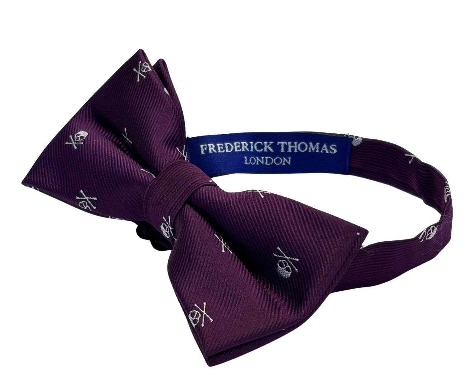 Frederick Thomas Matching Purple Bow Tie And Pocket Square - Bold White Skull And Crossbones Motif by Frederick Thomas Handmade Mens Ties