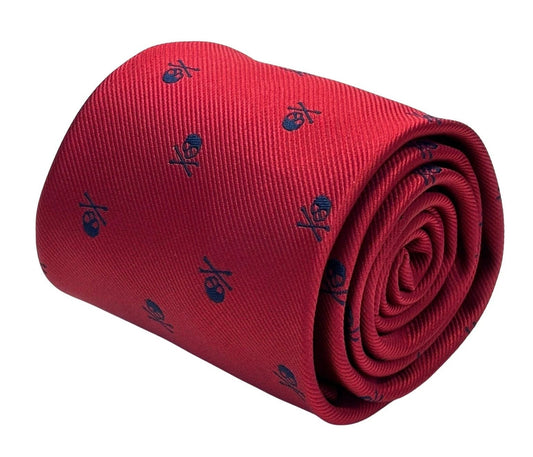 Frederick Thomas Dark Red Tie With Navy Blue Skull And Crossbone Design - Bold Refined Cotton Tie For Executives by Frederick Thomas Handmade Mens Ties