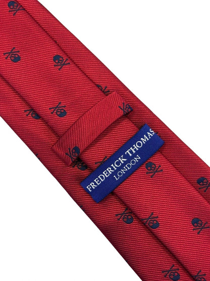 Frederick Thomas Dark Red Tie With Navy Blue Skull And Crossbone Design - Bold Refined Cotton Tie For Executives by Frederick Thomas Handmade Mens Ties