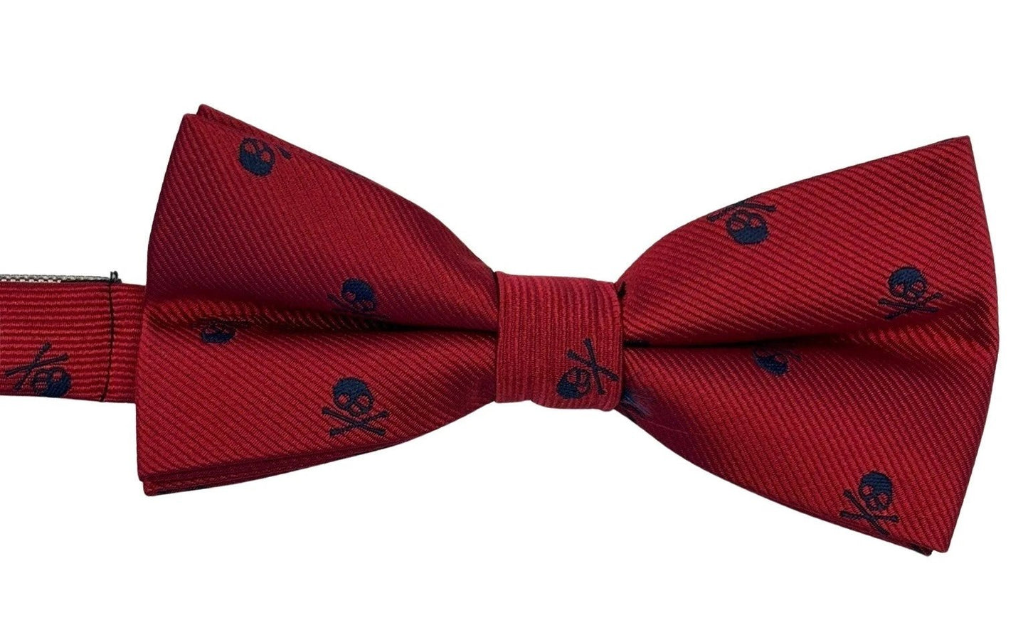 Dark Red Bow Tie with Navy Blue Skull and Crossbone Design by Frederick Thomas Handmade Mens Ties