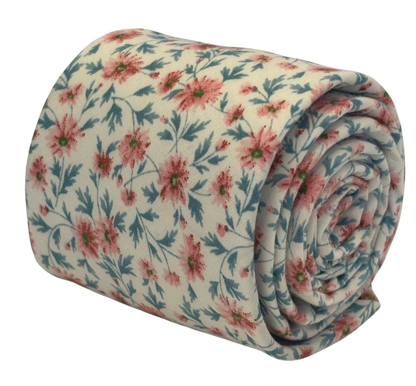 Ivory Pink Peach Cotton English Wildflower Garden Design Tie - Handmade Statement Piece For Elegant Office Wear by Frederick Thomas Handmade Mens Ties