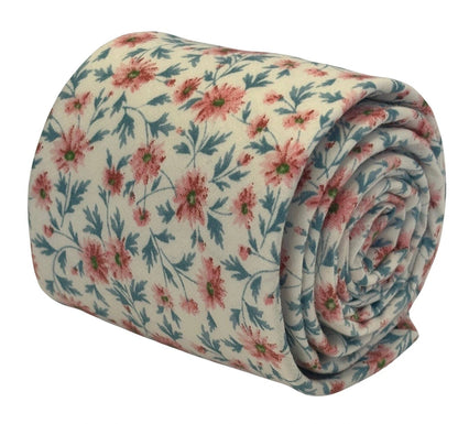 Ivory Pink Peach Cotton English Wildflower Garden Design Tie - Handmade Statement Piece For Elegant Office Wear by Frederick Thomas Handmade Mens Ties