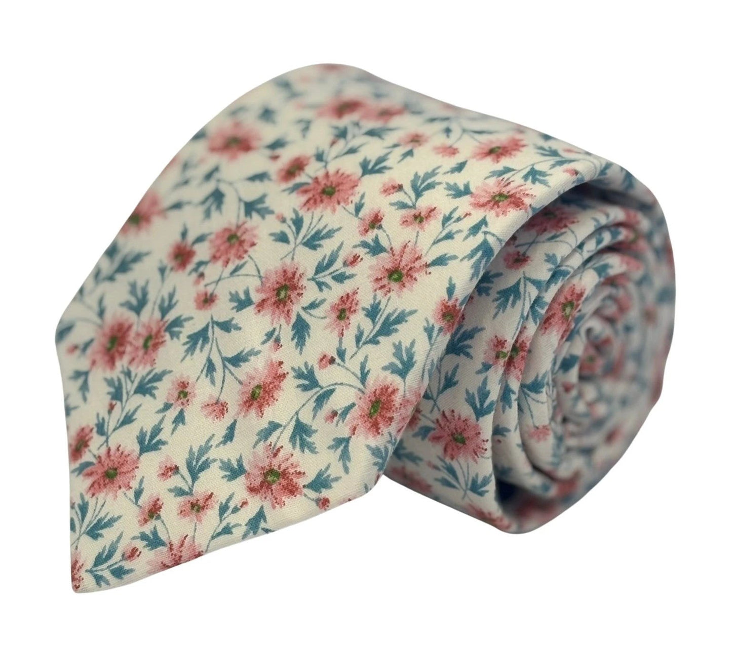 Ivory Pink Peach Cotton English Wildflower Garden Design Tie - Handmade Statement Piece For Elegant Office Wear by Frederick Thomas Handmade Mens Ties