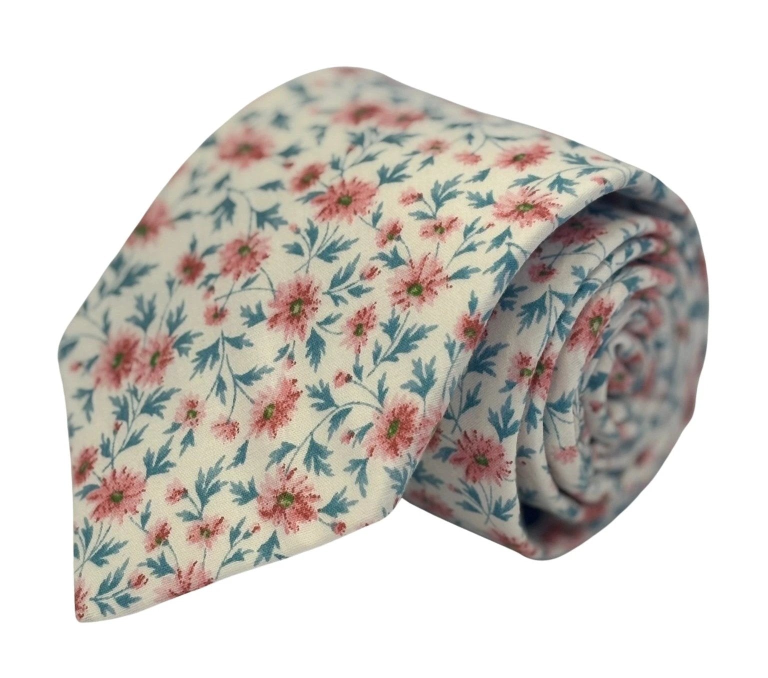 Ivory Pink Peach Cotton English Wildflower Garden Design Tie - Handmade Statement Piece For Elegant Office Wear by Frederick Thomas Handmade Mens Ties