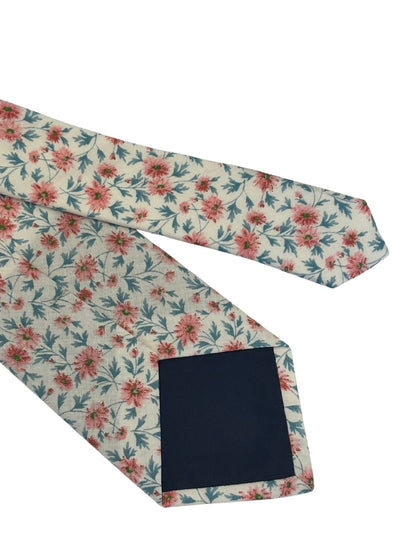 Ivory Pink Peach Cotton English Wildflower Garden Design Tie - Handmade Statement Piece For Elegant Office Wear by Frederick Thomas Handmade Mens Ties