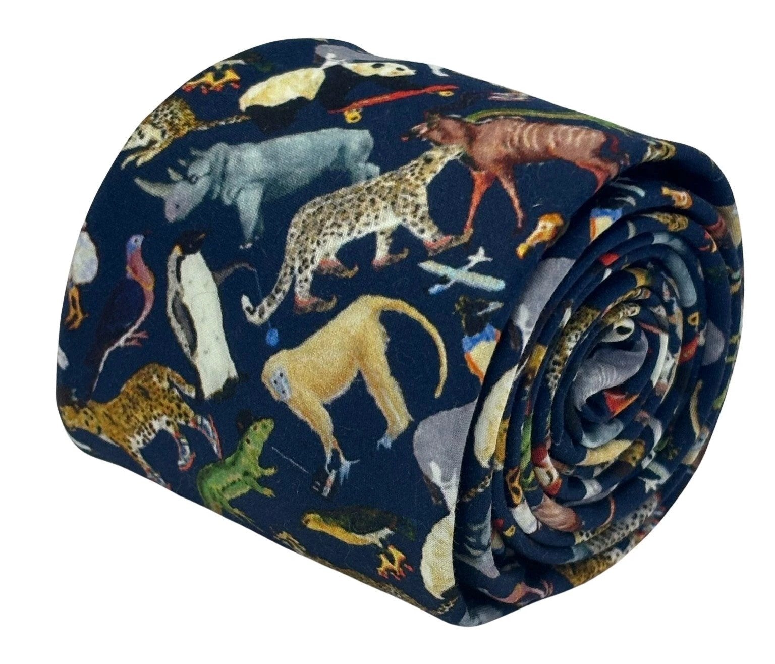 Navy Blue Cotton Tie With Liberty Style Jungle Animal Design by Frederick Thomas Handmade Mens Ties