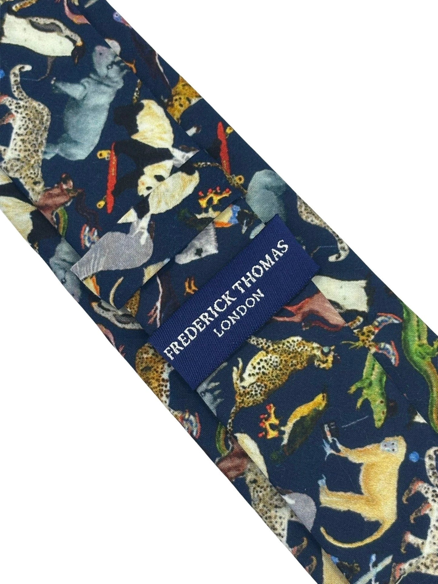 Navy Blue Cotton Tie With Liberty Style Jungle Animal Design by Frederick Thomas Handmade Mens Ties