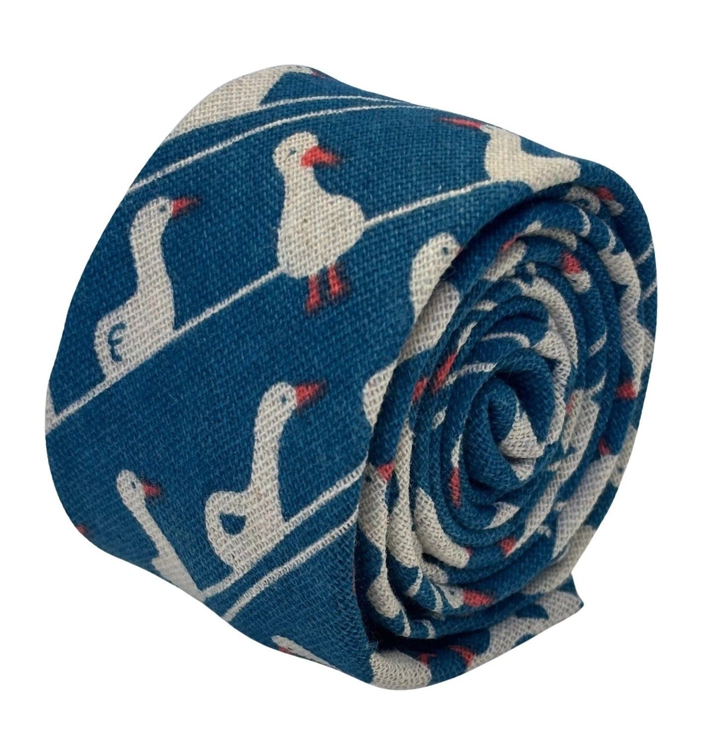 Cobalt Medium Blue Linen Tie With White Goose Duck Design - Handmade By Frederick Thomas Exclusive British Craftsmanship by Frederick Thomas Handmade Mens Ties