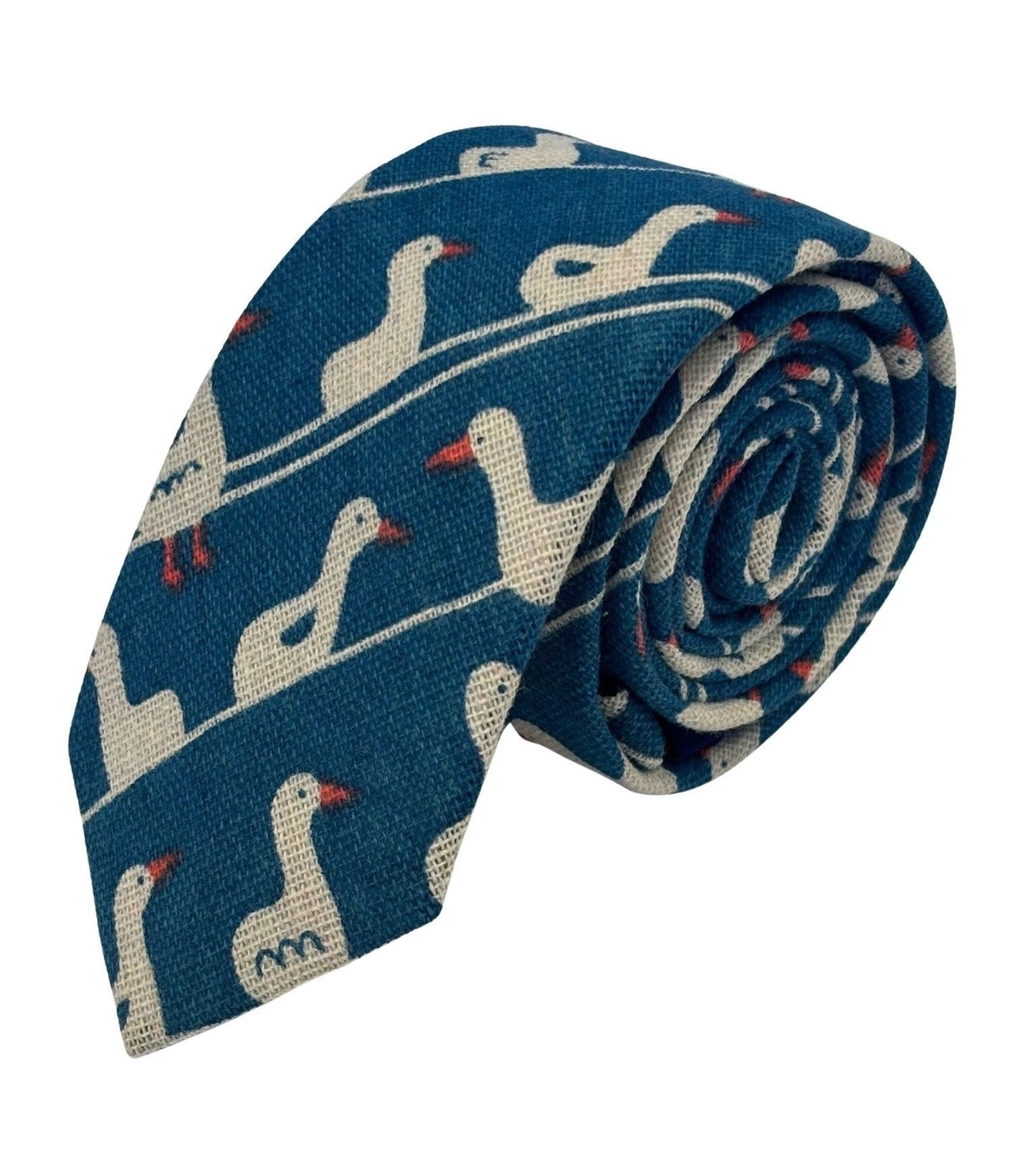 Cobalt Medium Blue Linen Tie With White Goose Duck Design - Handmade By Frederick Thomas Exclusive British Craftsmanship by Frederick Thomas Handmade Mens Ties