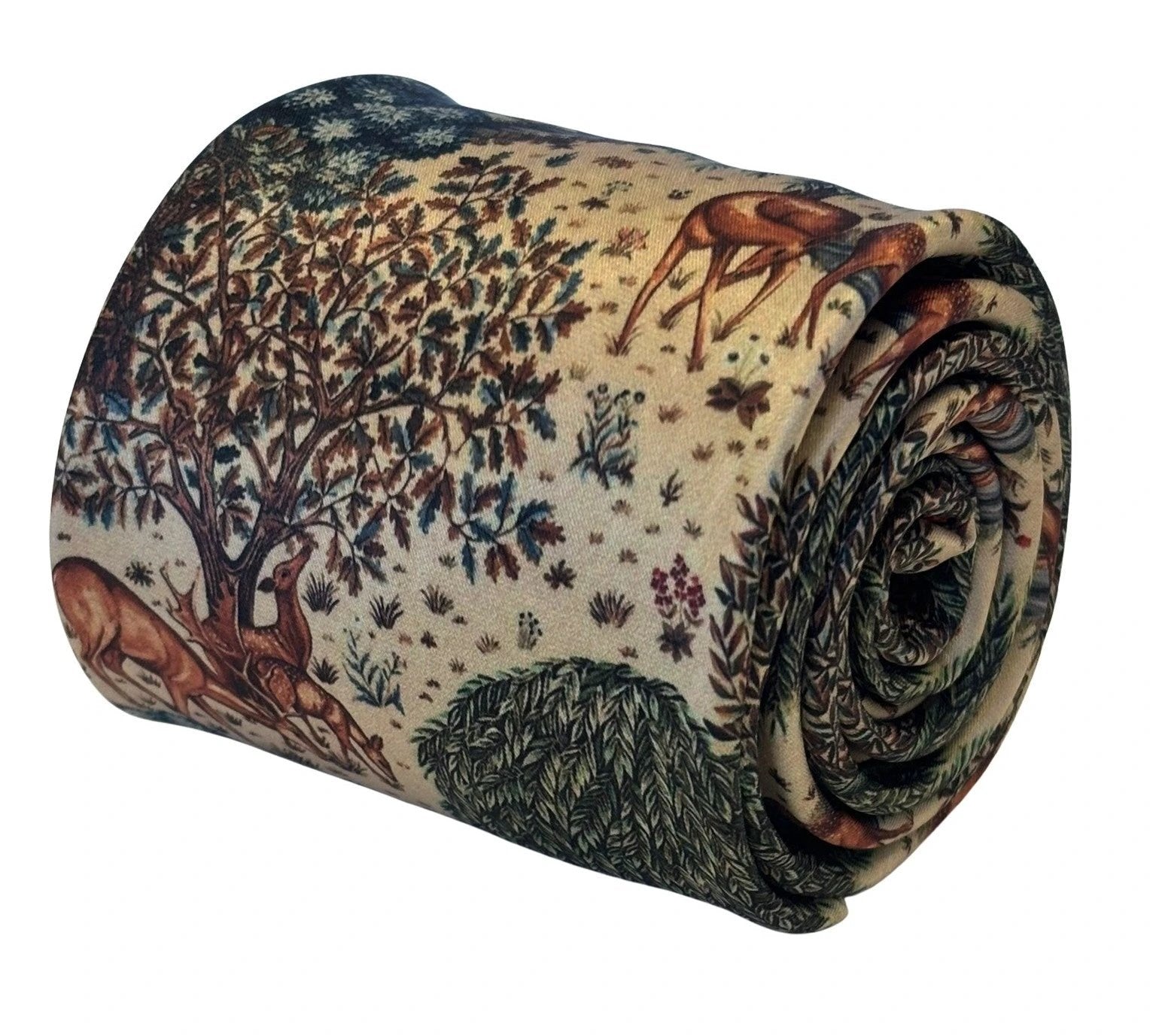 Frederick Thomas Handmade Tie - Cream Beige Woodland Design Inspired By William Morris Deer By A Brook Tapestry by Frederick Thomas Handmade Mens Ties