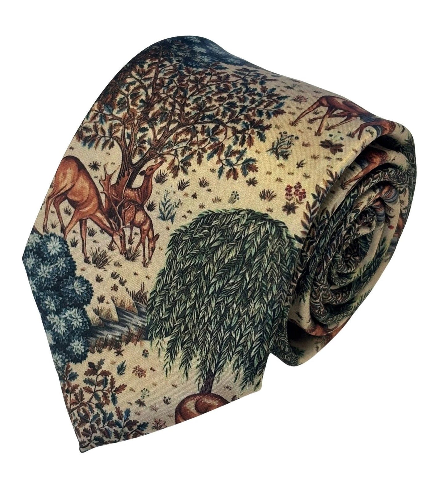 Frederick Thomas Handmade Tie - Cream Beige Woodland Design Inspired By William Morris Deer By A Brook Tapestry by Frederick Thomas Handmade Mens Ties