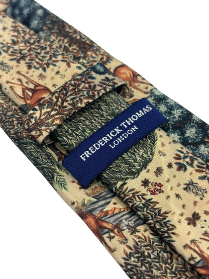 Frederick Thomas Handmade Tie - Cream Beige Woodland Design Inspired By William Morris Deer By A Brook Tapestry by Frederick Thomas Handmade Mens Ties