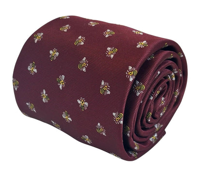 Maroon Red Burgundy Tie with Bumblebee Design by Frederick Thomas Handmade Mens Ties