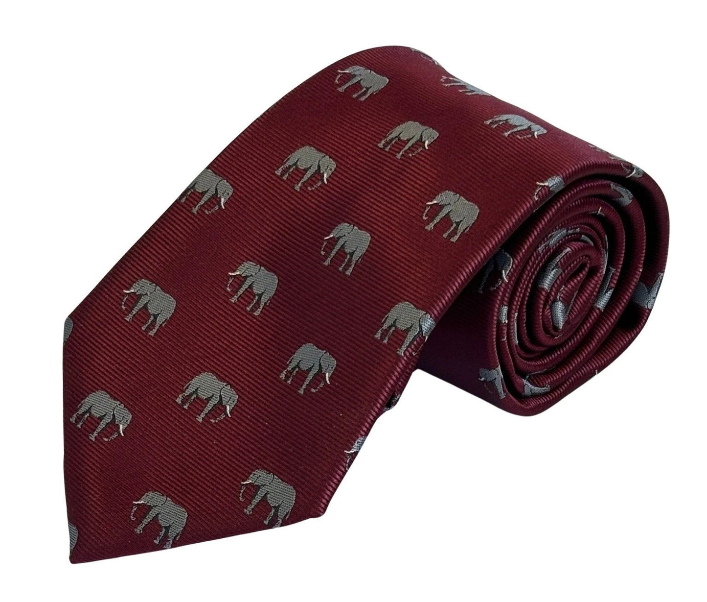 Maroon Red Burgundy Tie With Grey African Elephant Design - Handmade British Craftsmanship For Distinctive Formal Style by Frederick Thomas Handmade Mens Ties