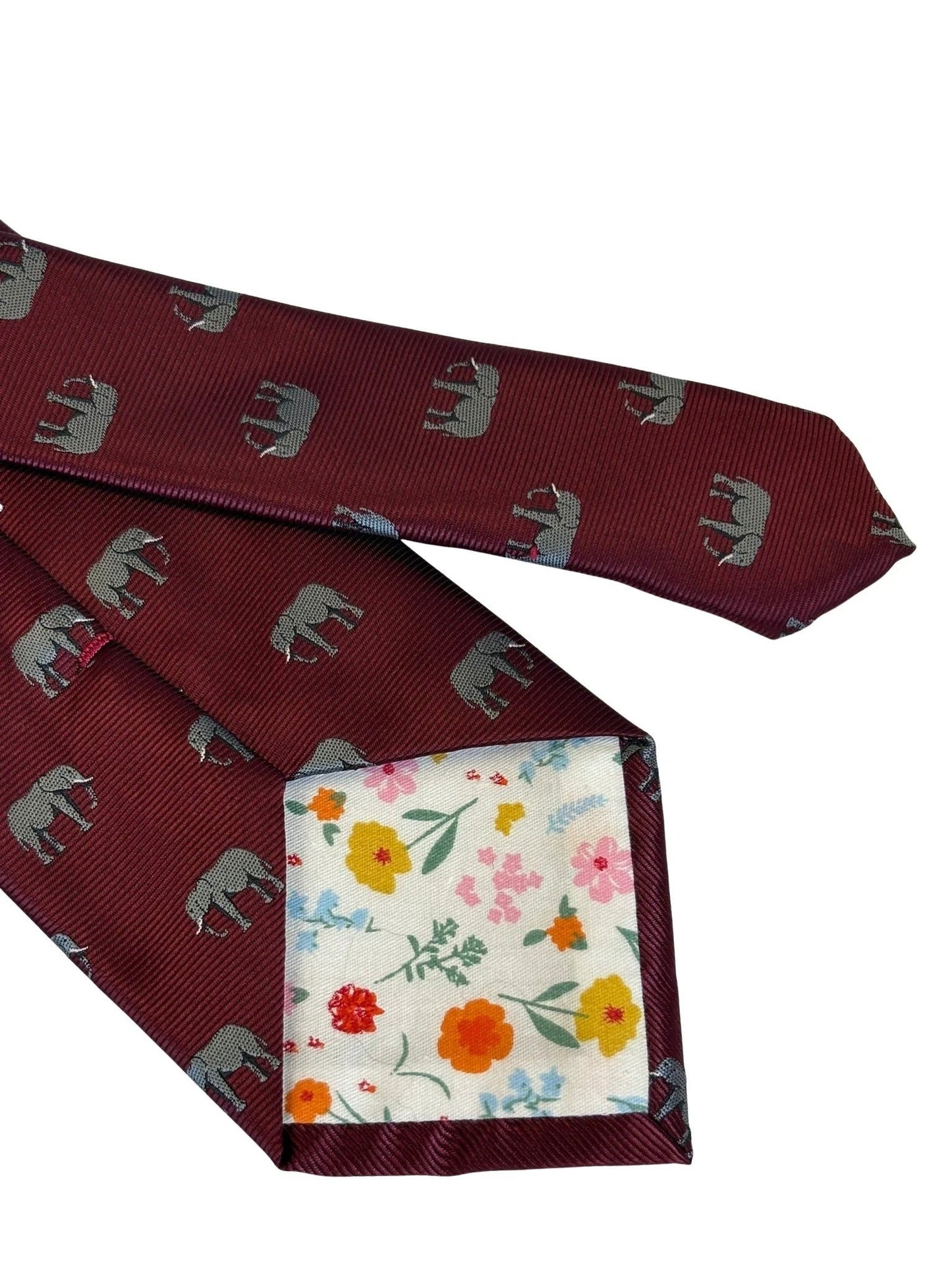 Maroon Red Burgundy Tie With Grey African Elephant Design - Handmade British Craftsmanship For Distinctive Formal Style by Frederick Thomas Handmade Mens Ties