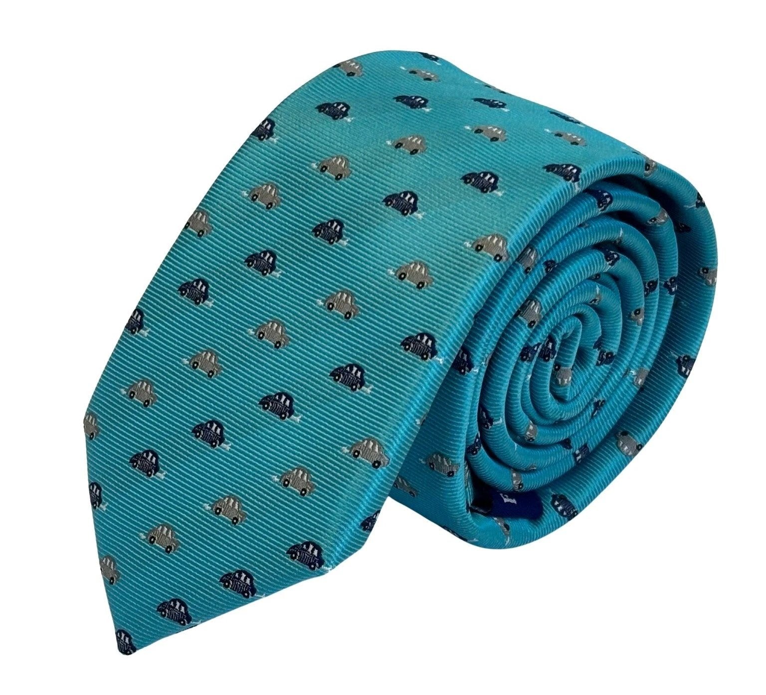 Light Blue Tie With Classic VW Beetle Style Car Design - Handcrafted By Frederick Thomas For A Playful Yet Refined Look by Frederick Thomas Handmade Mens Ties