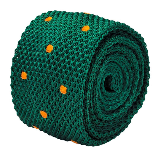 Emerald Green Handmade Knitted Tie With Orange Polka Spots - Artisanal Craft Meets Contemporary Flair by Frederick Thomas Handmade Mens Ties
