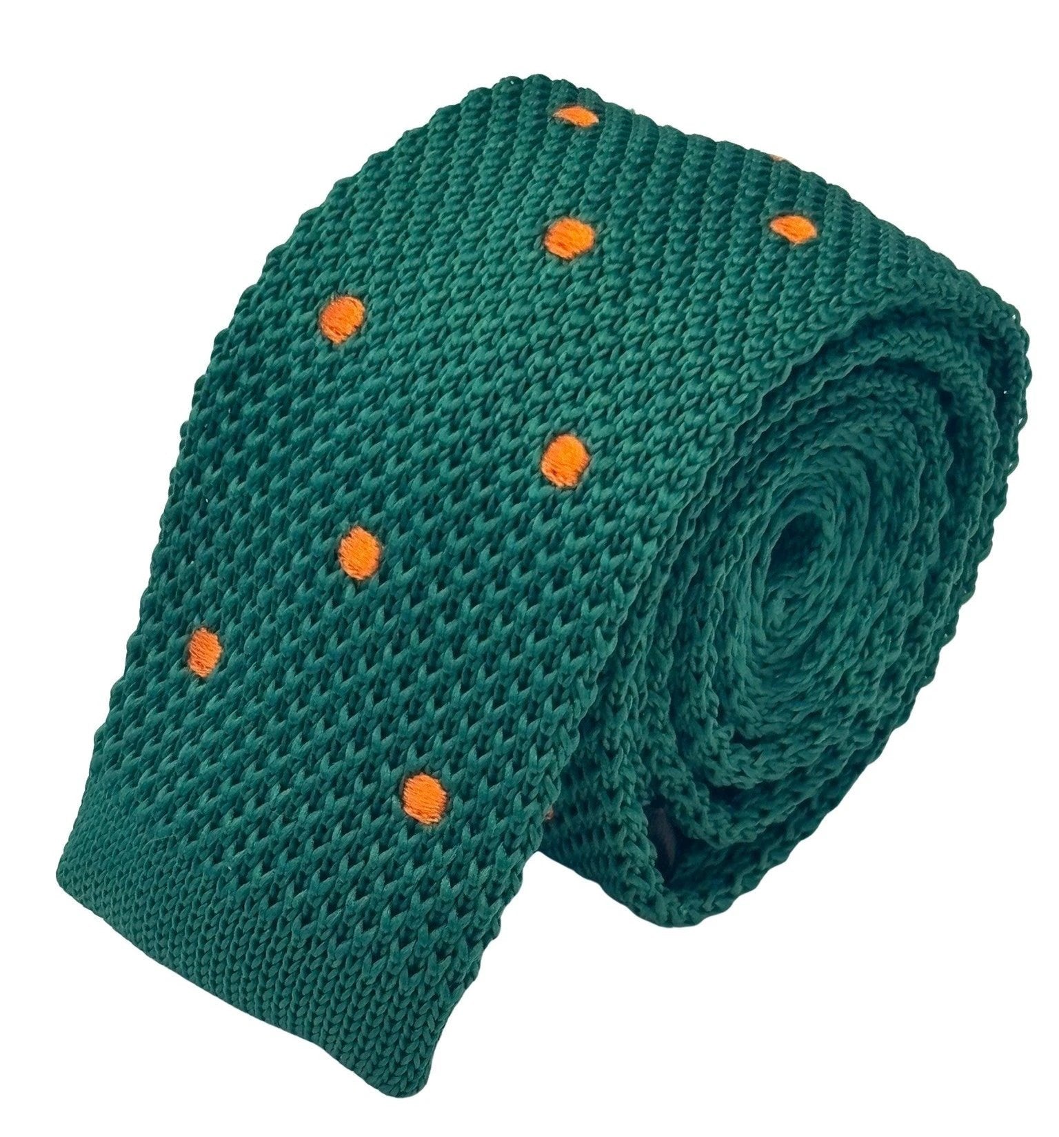 Emerald Green Handmade Knitted Tie With Orange Polka Spots - Artisanal Craft Meets Contemporary Flair by Frederick Thomas Handmade Mens Ties