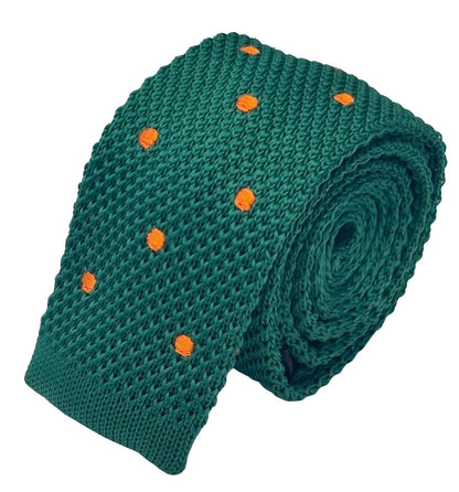 Emerald Green Handmade Knitted Tie With Orange Polka Spots - Artisanal Craft Meets Contemporary Flair by Frederick Thomas Handmade Mens Ties