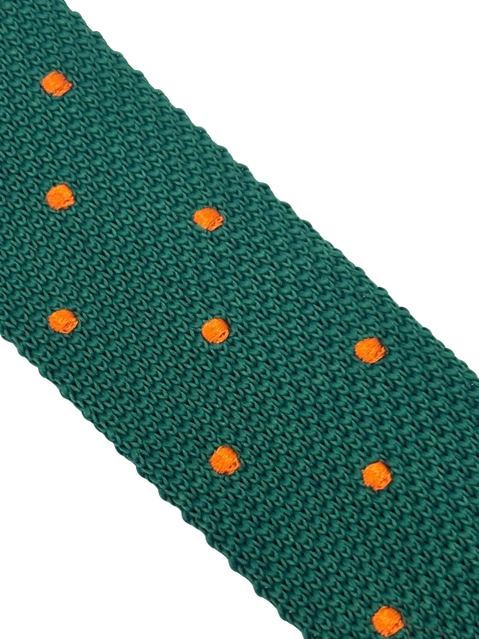 Emerald Green Handmade Knitted Tie With Orange Polka Spots - Artisanal Craft Meets Contemporary Flair by Frederick Thomas Handmade Mens Ties