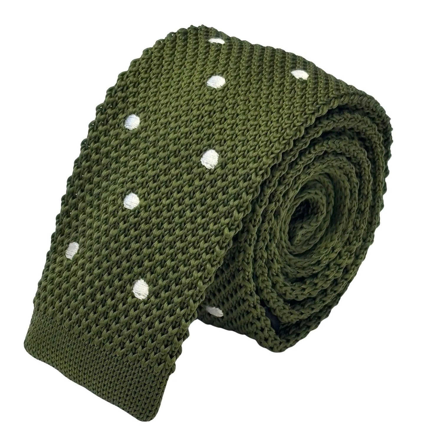 Handmade Knitted Tie In Khaki Green With White Polka Dots - Subtle Luxury For Smart Business And Casual Looks by Frederick Thomas Handmade Mens Ties