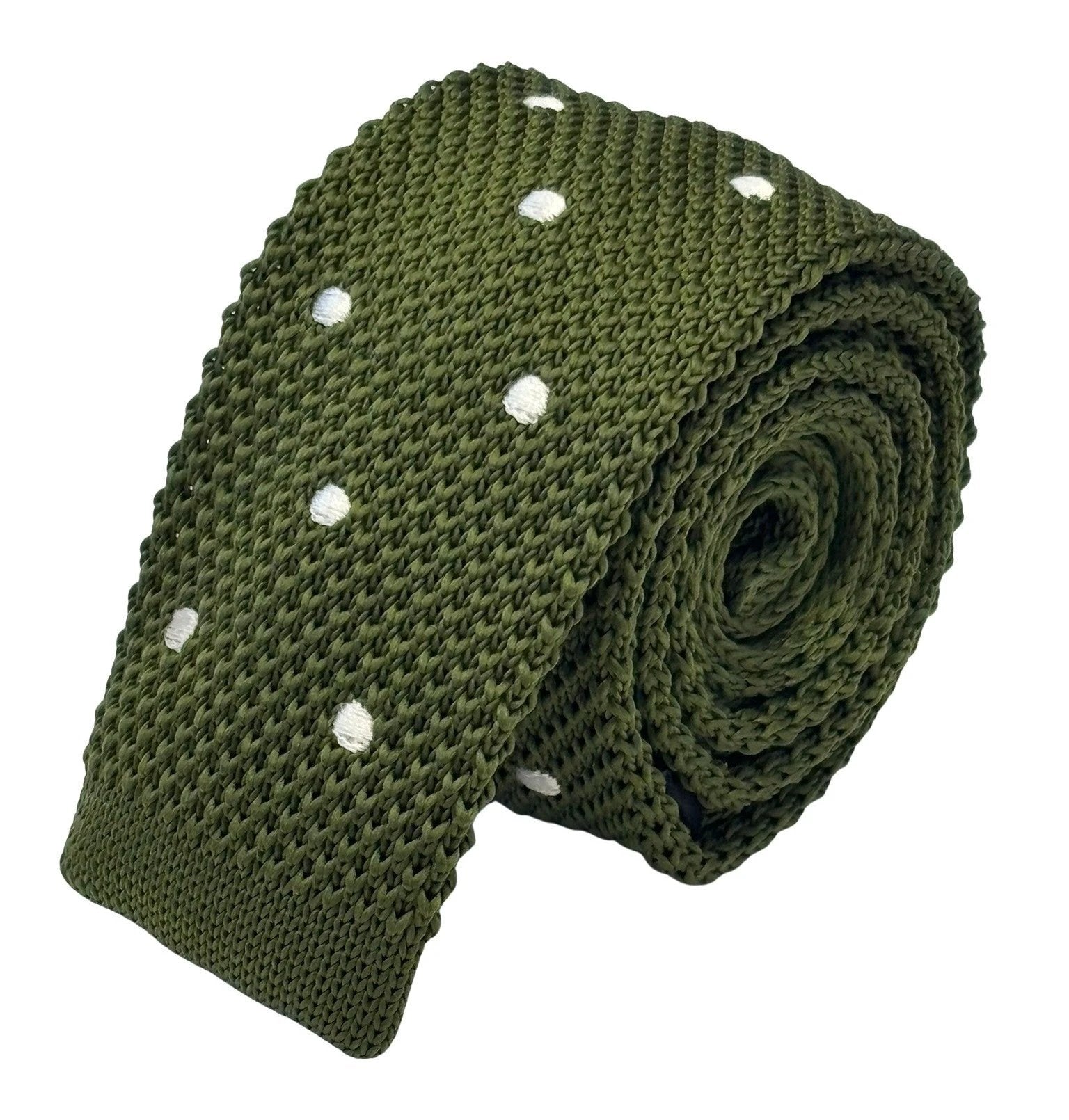 Handmade Knitted Tie In Khaki Green With White Polka Dots - Subtle Luxury For Smart Business And Casual Looks by Frederick Thomas Handmade Mens Ties