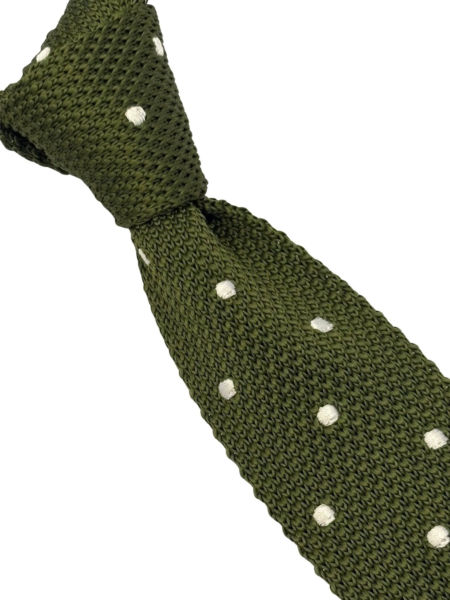Handmade Knitted Tie In Khaki Green With White Polka Dots - Subtle Luxury For Smart Business And Casual Looks by Frederick Thomas Handmade Mens Ties