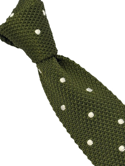 Handmade Knitted Tie In Khaki Green With White Polka Dots - Subtle Luxury For Smart Business And Casual Looks by Frederick Thomas Handmade Mens Ties