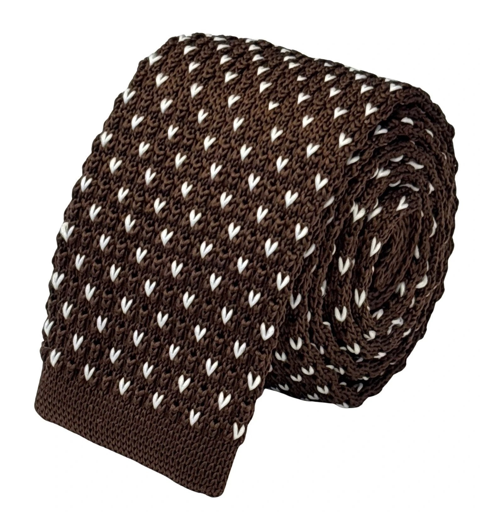 Frederick Thomas Handmade Knitted Tie - Chocolate Brown Knit With White Pin Spots For Timeless Sophistication by Frederick Thomas Handmade Mens Ties
