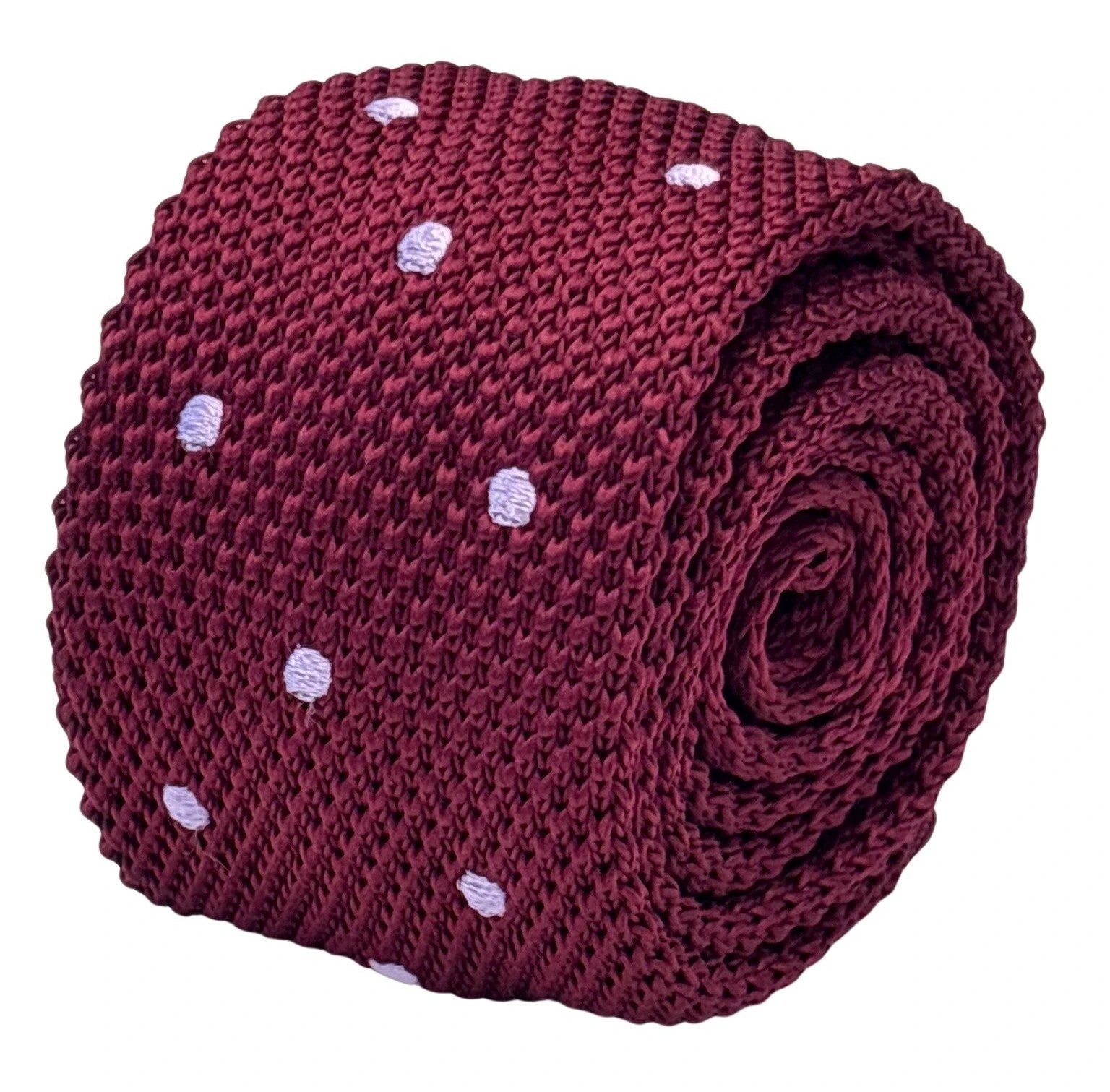 Handmade Knitted Tie In Maroon Burgundy With Lilac Polka Dots - Textured Distinction For Smart And Casual Looks by Frederick Thomas Handmade Mens Ties