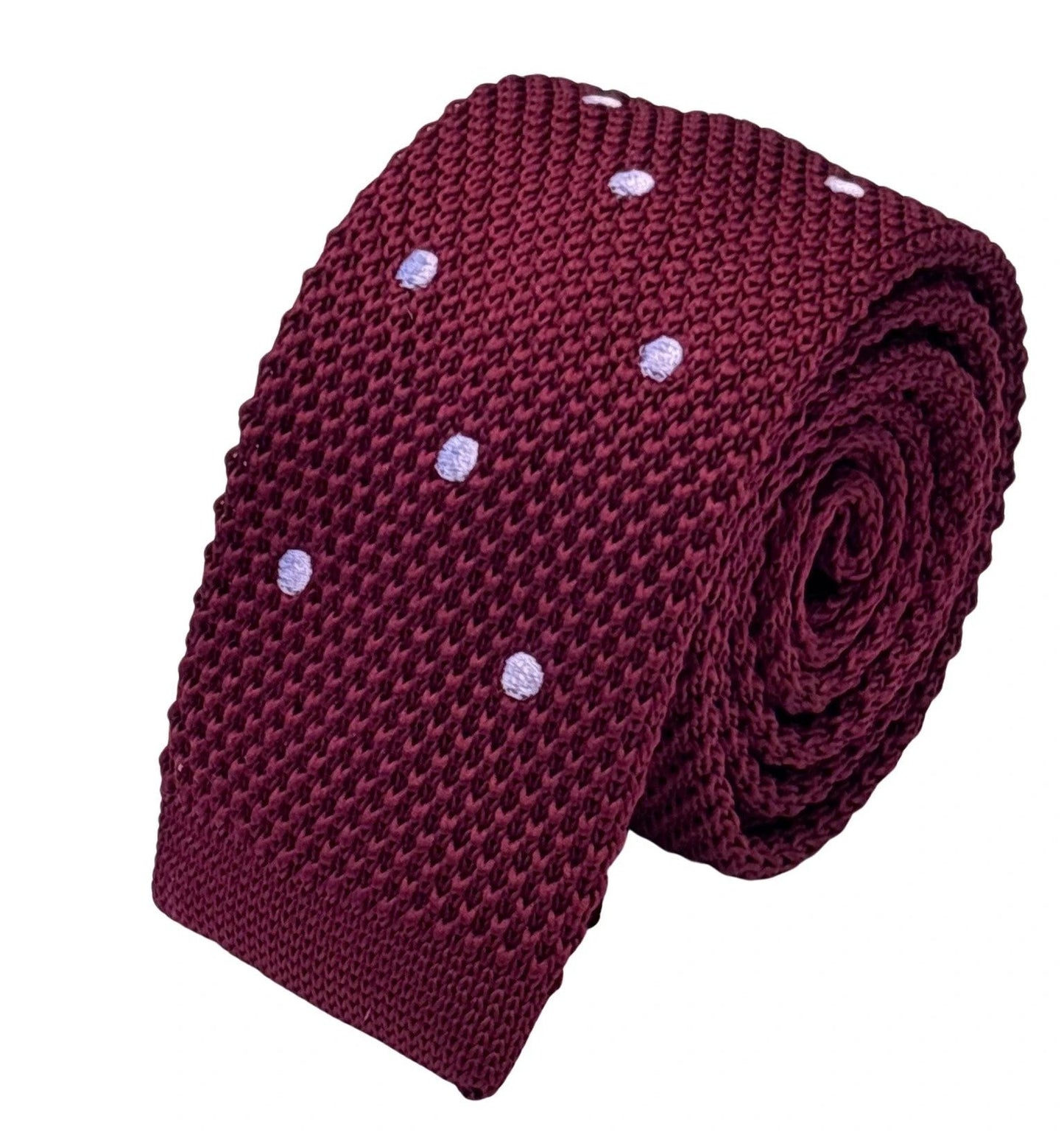 Handmade Knitted Tie In Maroon Burgundy With Lilac Polka Dots - Textured Distinction For Smart And Casual Looks by Frederick Thomas Handmade Mens Ties