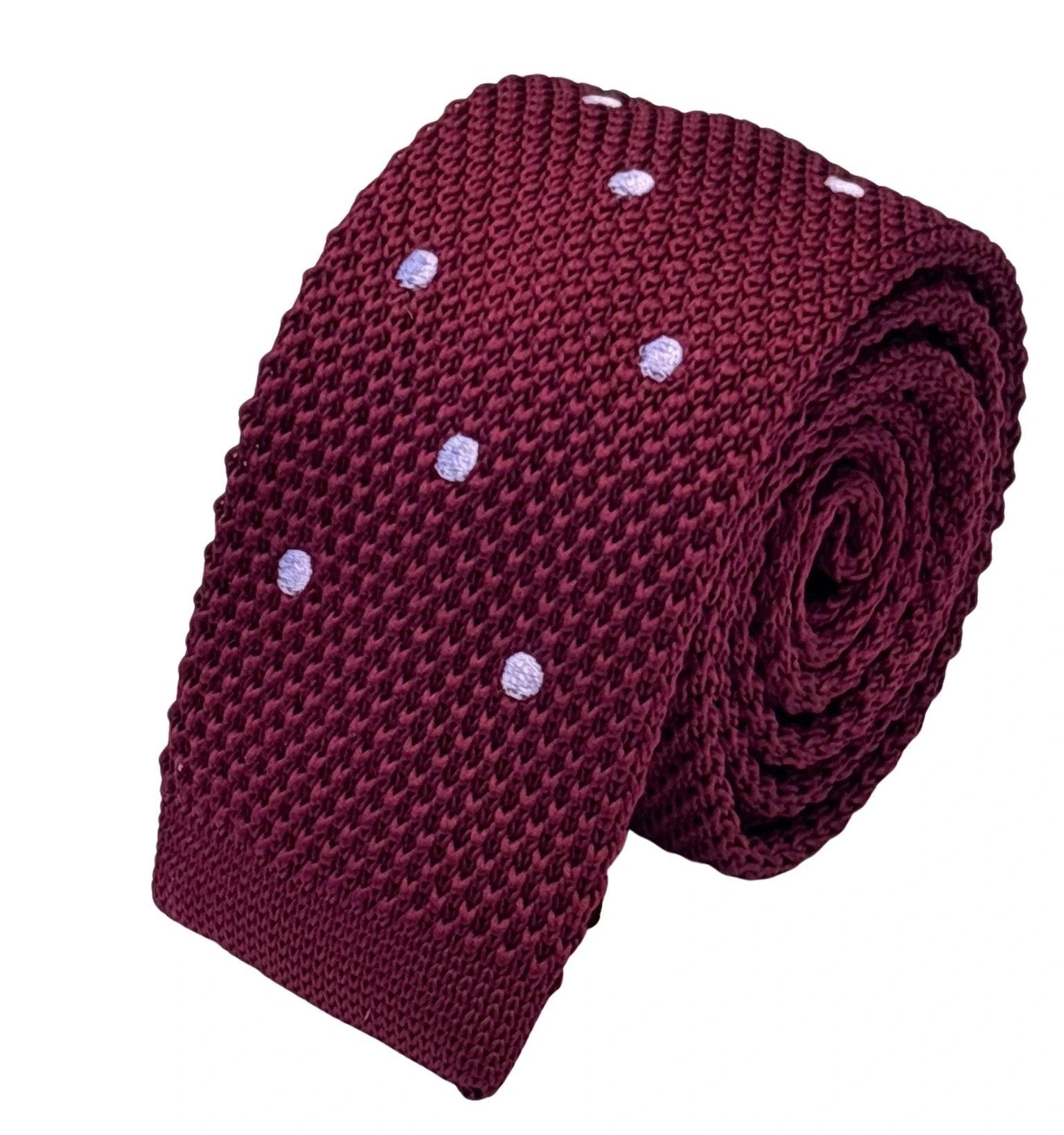 Handmade Knitted Tie In Maroon Burgundy With Lilac Polka Dots - Textured Distinction For Smart And Casual Looks by Frederick Thomas Handmade Mens Ties