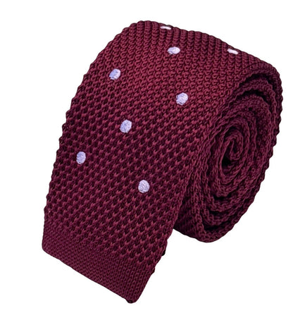 Handmade Knitted Tie In Maroon Burgundy With Lilac Polka Dots - Textured Distinction For Smart And Casual Looks by Frederick Thomas Handmade Mens Ties