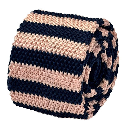 Handmade Knitted Tie in Navy Dark Blue and Baby Light Pink Stripes by Frederick Thomas Handmade Mens Ties