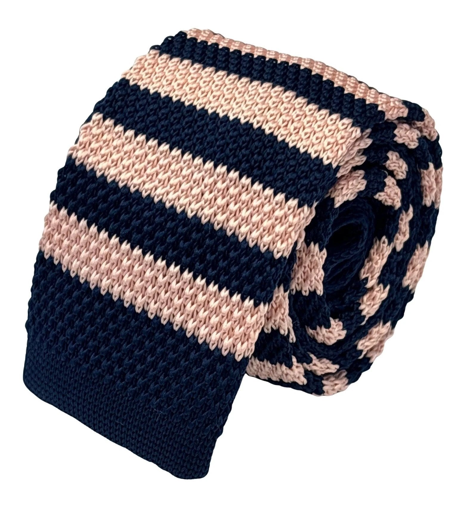 Handmade Knitted Tie in Navy Dark Blue and Baby Light Pink Stripes by Frederick Thomas Handmade Mens Ties