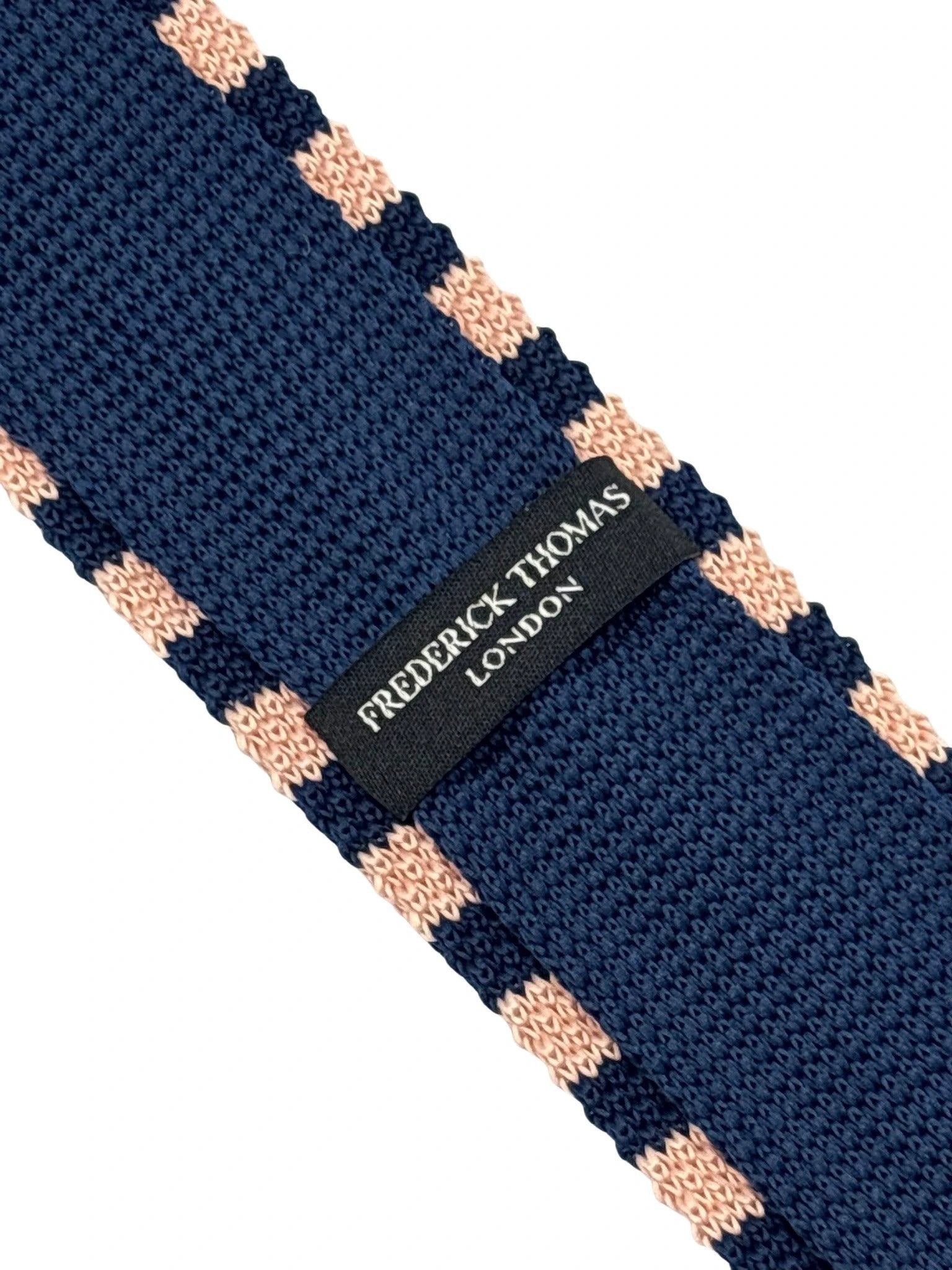 Handmade Knitted Tie in Navy Dark Blue and Baby Light Pink Stripes by Frederick Thomas Handmade Mens Ties