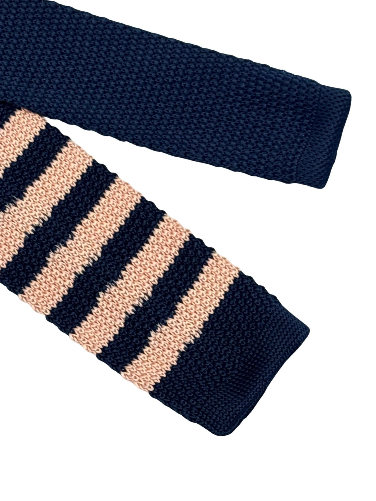 Handmade Knitted Tie in Navy Dark Blue and Baby Light Pink Stripes by Frederick Thomas Handmade Mens Ties