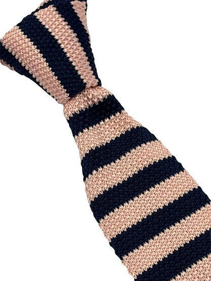 Handmade Knitted Tie in Navy Dark Blue and Baby Light Pink Stripes by Frederick Thomas Handmade Mens Ties