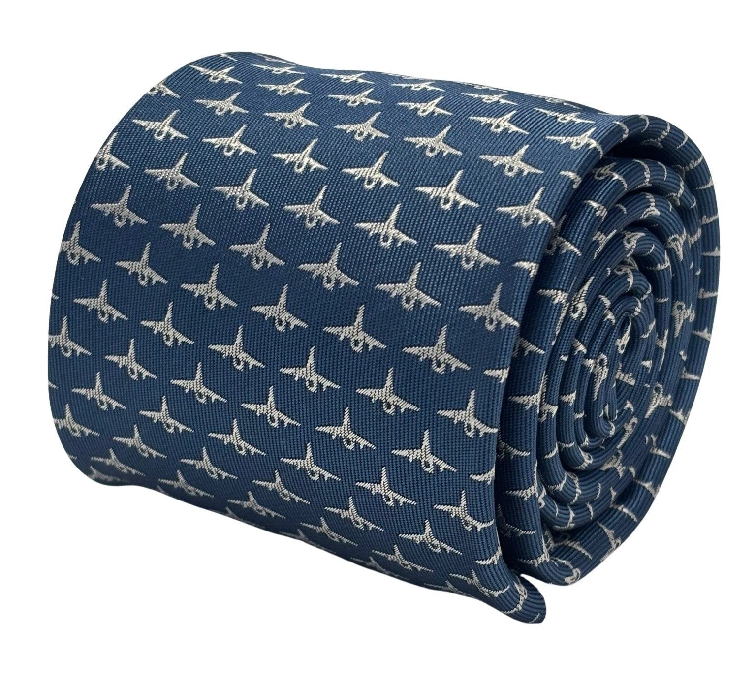 Medium Denim Blue Handmade Tie - Fighter Aircraft Design Symbolising Ambition And Confidence by Frederick Thomas Handmade Mens Ties